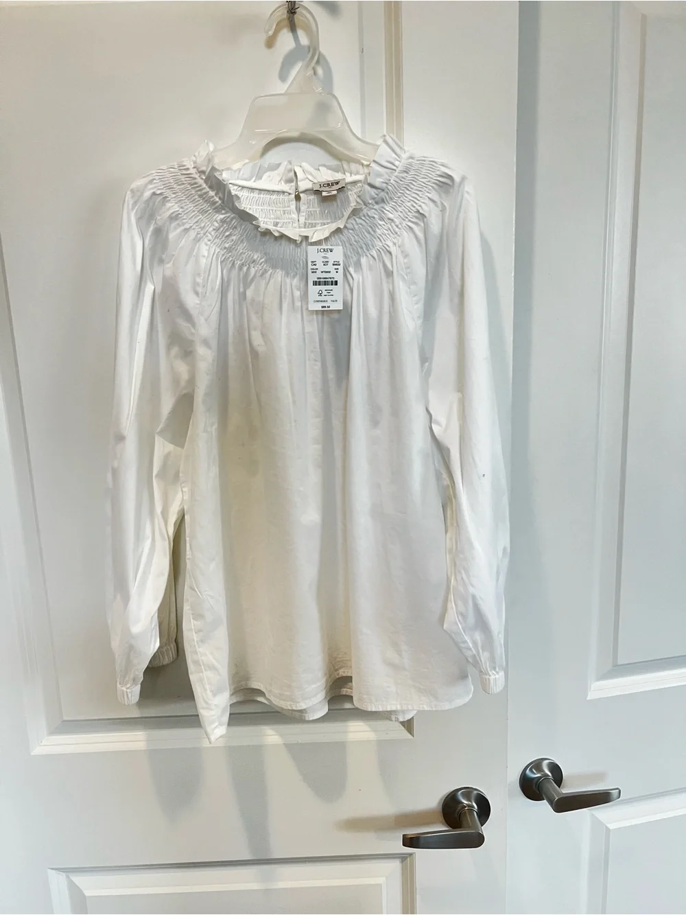 NWT J. Crew White Smocked-Neck Long Bubble Sleeve Top